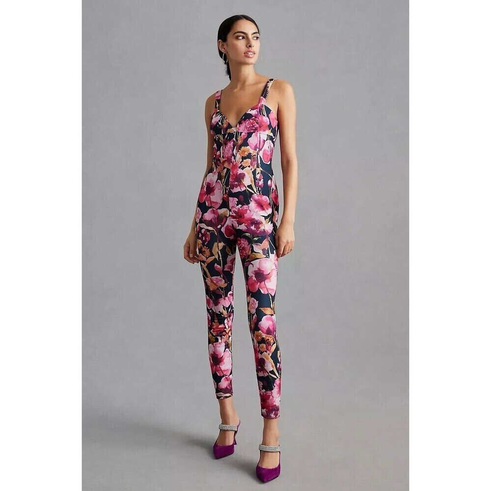 By Anthropologie Floral Sweetheart Jumpsuit Bold V Neck Skinny Leg Party Size XS